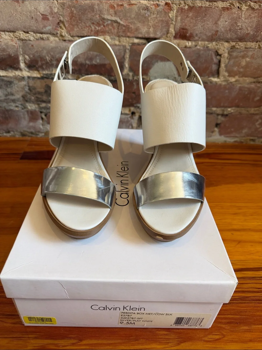 Calvin Klein White and Silver Wedge Sandals with Wood-Look Heel